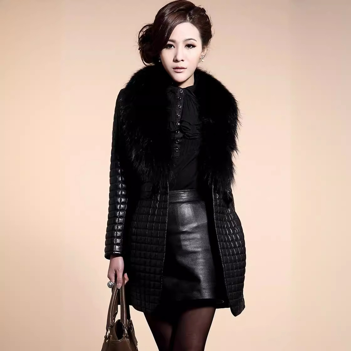 Foreign Trade Explosions Super Large Raccoon Fur Collar Sheepskin Imitation Leather Cotton Leather Coat Women's Mid-length Coat