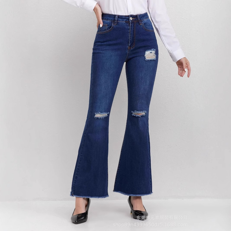 Cross-Border E-Commerce European and American Sexy Women's Fashion Knee-Hole Ripped Stretch Slim-Fit Flared Jeans
