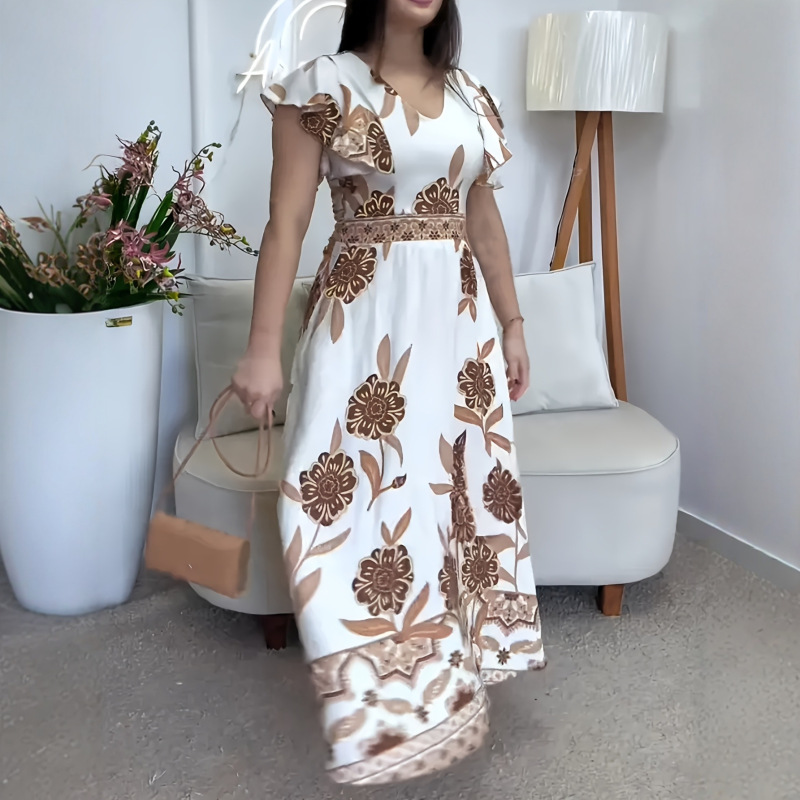 Elegant White Printed Maxi Dress with Ruffle Sleeves, Suitable for Both Casual and Party Occasions
