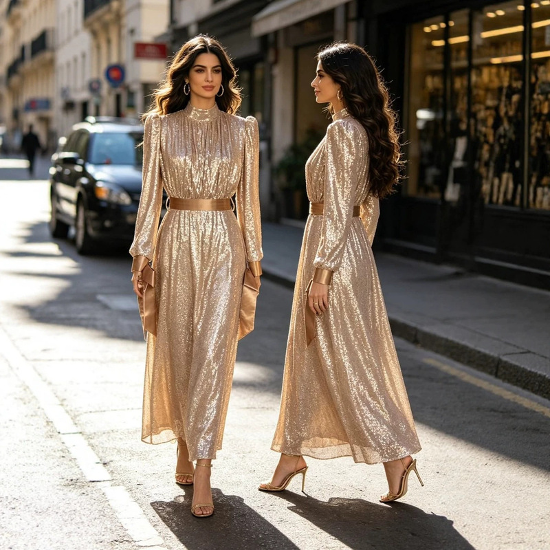 Cross-Border New Model Factory Direct Sale Turkish-Pakistani Women's Elegant Embroidered Sequined Long-Sleeve Long Dress