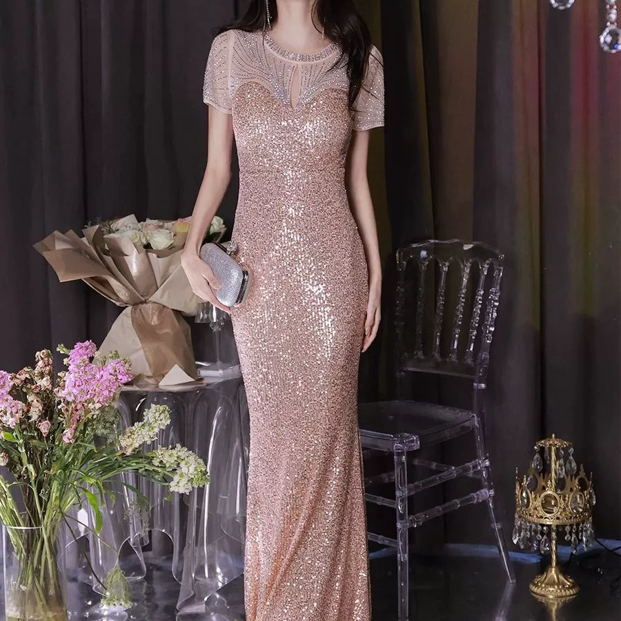 Плюс размер платье с золотыми пайетками с короткими рукавами для хозяина дня рождения High-end платье подружки невесты Fishtail Art Examination Взрослое платье для церемонии