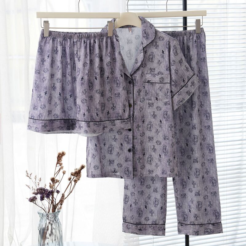 女夏冰丝绸睡衣短袖长裤三件套KT女士夏季印花家居服INS风小红书|undefined