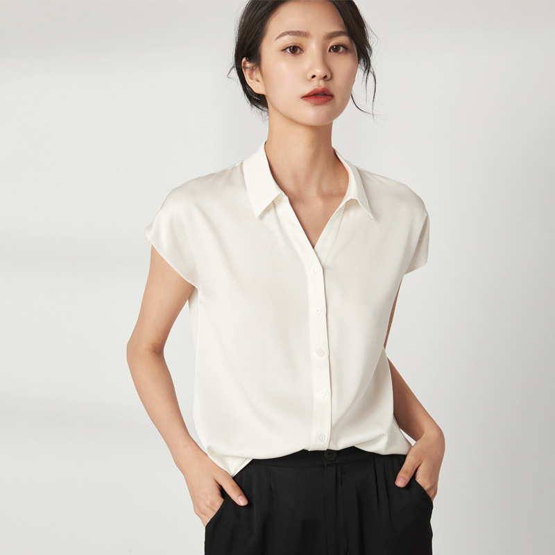 Summer New Heavyweight Silk Mulberry Silk Shirt Women's Short-Sleeved Pure Color V-Neck Top Small Work Clothing Shirt