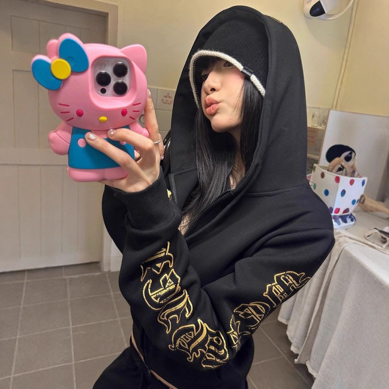 American Retro Sleeve Edge Gothic Letter Print Hooded Cardigan Sweatshirt for Men and Women Spring and Autumn Loose Casual Jacket