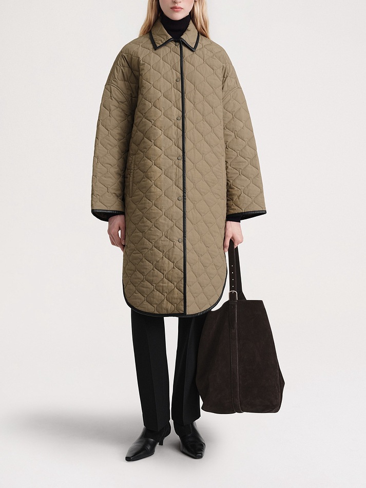 Quilted Cocoon-shaped Mid-length Diamond-patterned A-line Loose-fitting Cotton Coat