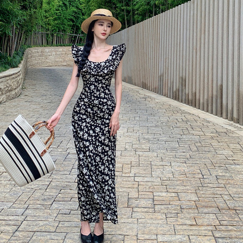 2025 New Summer Style, Beautiful Elegant, Stunning and Slim, Retro Floral Dress, Xia Xiaofei Sleeve Long Dress