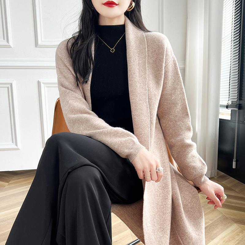 秋冬新款100纯羊毛大衣女士外搭中长款通勤百搭针织开衫毛衣外套