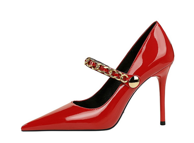 High heels women's shoes slim heels patent leather shallow mouth pointed metal chain line with single shoes_voghion.com