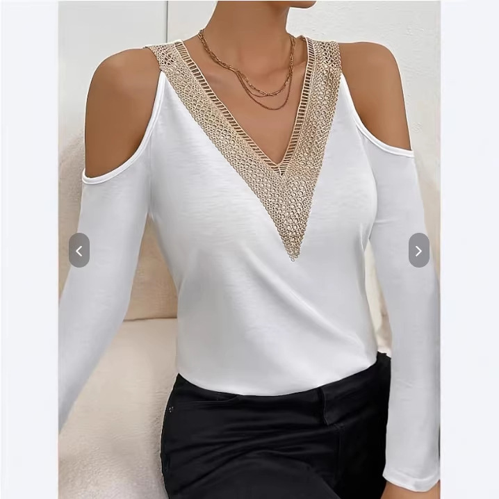 European and American Cross-Border 2026 New Elegant Lace V-Neck Appliqué Sleeve Hollow-Out Long-Sleeve Solid Color T-Shirt Slimming Top for Women