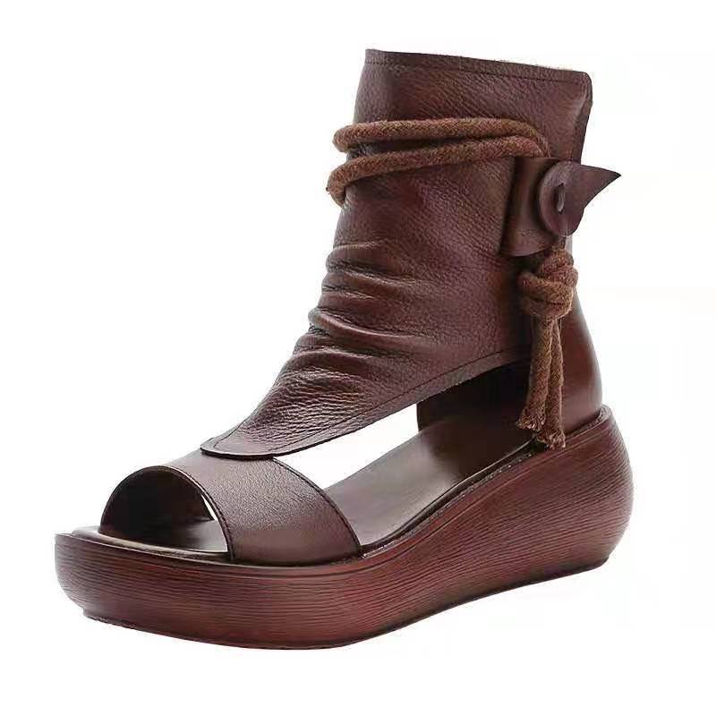 Roman Shoes Women's Summer Casual Fashion 2021 New High-top Heightened Wedge-heeled Sandals Soft Leather Thick-soled Fish Mouth Sandals