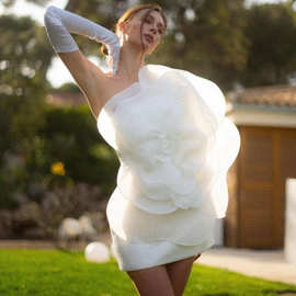 亚马逊欧美女装高端斜肩装饰花朵礼服裙白色婚纱派对连衣裙一步裙