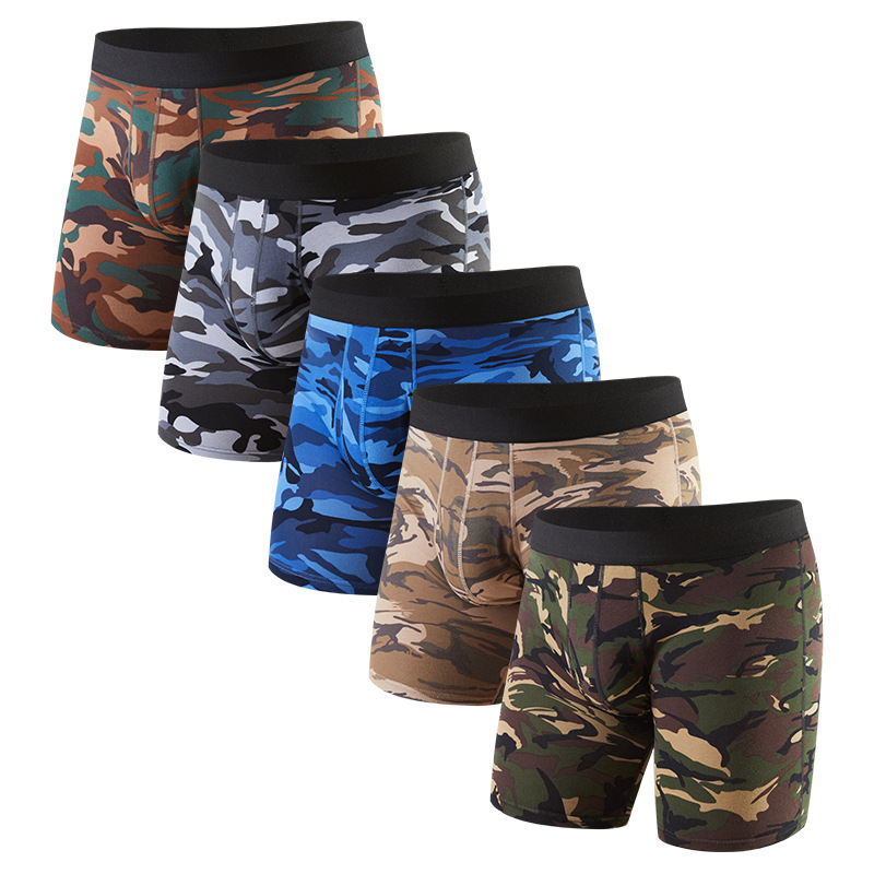 Men's Shorts, Extended Boxer Briefs, Men's Anti-Chafing Camouflage Cotton Sports Mid-Length Large Size Pure Cotton Crotch