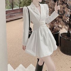 轻奢气质西装领连衣裙女设计感收腰显瘦长袖花苞裙子新法式主义