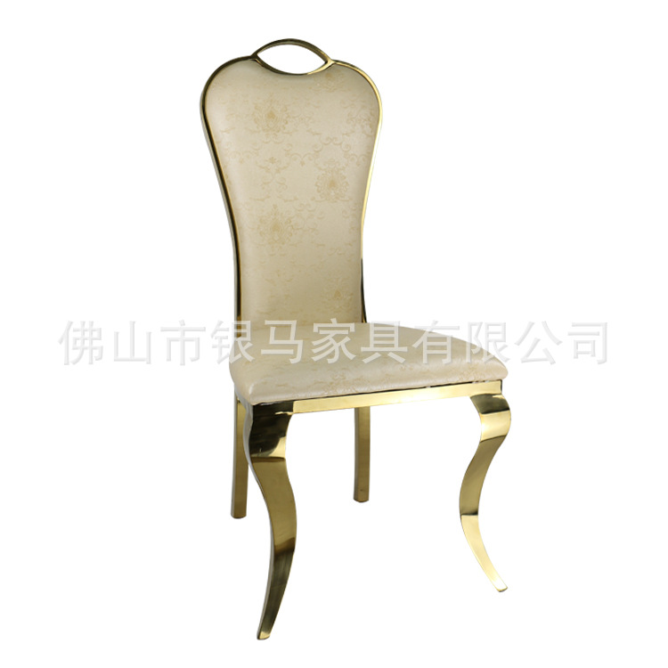Fábrica al por mayor Hotel banquete boda comedor silla boda galvanoplastia Silla de acero inoxidable Bolsa De Oro suave Silla de comedor de cuero