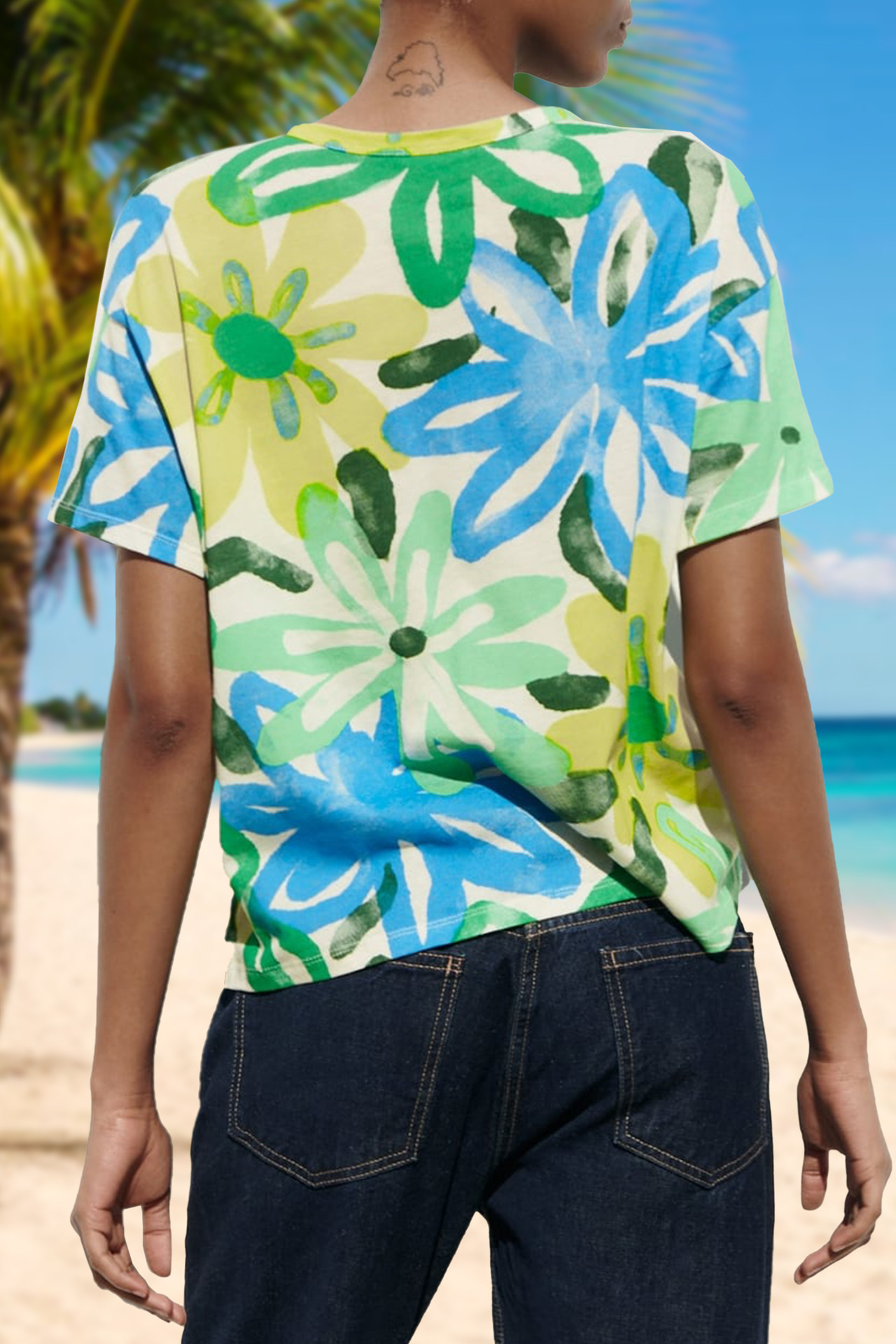Women Colorful Printed Casual T shirt round Neck Loose Simple Seaside Vacation Short Sleeve Top