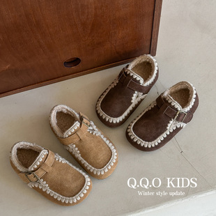QQO Children's Shoes 2024 Winter New Children's fleece-lined Birkenth Shoes Handmade Lace Leather Mao Mao Shoes Girls Cotton Shoes