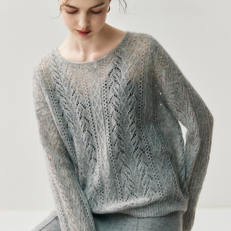 75% Cashmere 25% Mulberry Silk! Hollow Thin Cashmere Knitwear Women's Round Neck Knitwear Loose Slimming Look Bottoming Knitwear