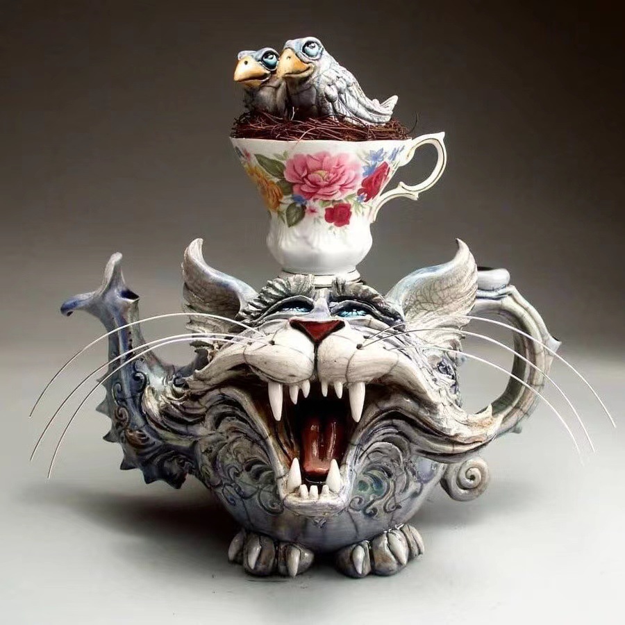 Cross-border New Products Resin Ornaments Devil Cat Creative Home Desktop Decorations Handmade Art Cat Teapot Ornaments