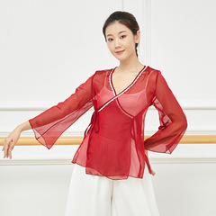 Classical dance vest with hand-embroidered pearl gauze dress, flowing dance attire for women, Chinese-style body charm, Chinese dance practice dress