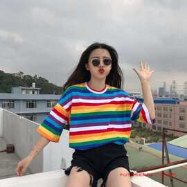 ins夏季丧系彩虹条纹短袖t恤女学生韩版宽松原宿风bf半袖女体恤衫
