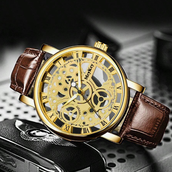 Men's Hollow Out Mechanical Watch With Leather Strap For Daily Wear_voghion.com