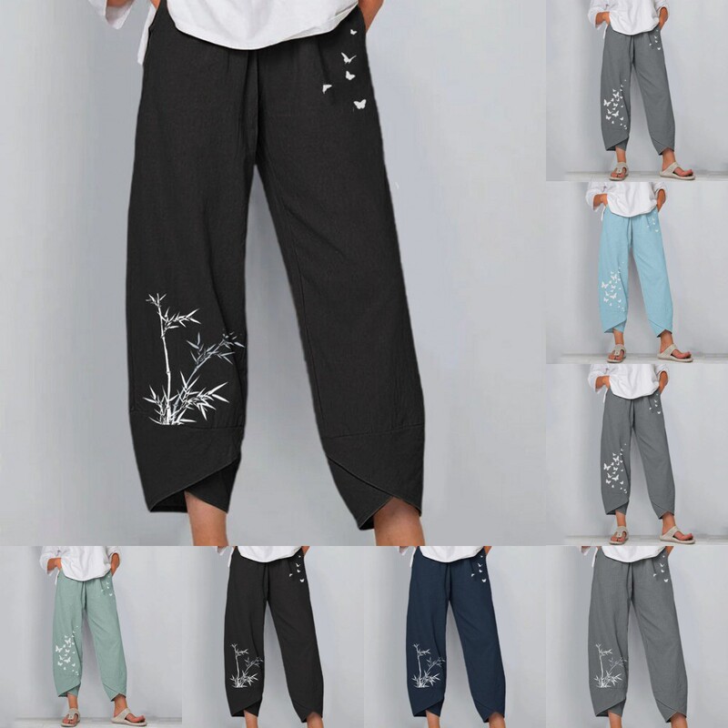 2020 new Amazon AliExpress wish bamboo butterfly print ladies elastic waist pants casual pants cropped pants 2020 new Amazon AliExpress wish bamboo butterfly print ladies elastic waist pants casual pants cropped pants