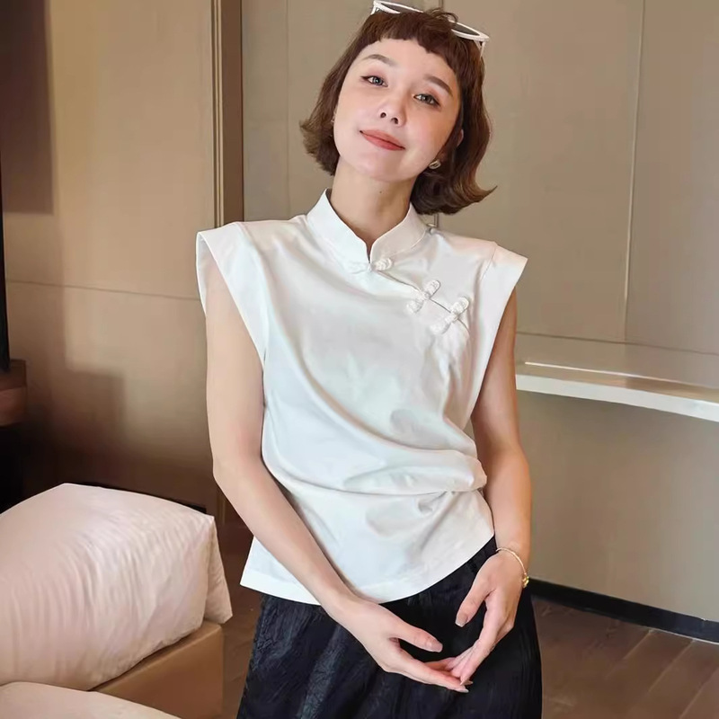 Chinese-Style Diagonal Collar, Stand-Up Collar, Buttoned Shoulder Pads T-Shirt, 2025 Summer New Retro Versatile Elegant National Style Sleeveless Top Chinese-Style Diagonal Collar, Stand-Up Collar, Buttoned Shoulder Pads T-Shirt, 2025 Summer New Retro Versatile Elegant National Style Sleeveless Top