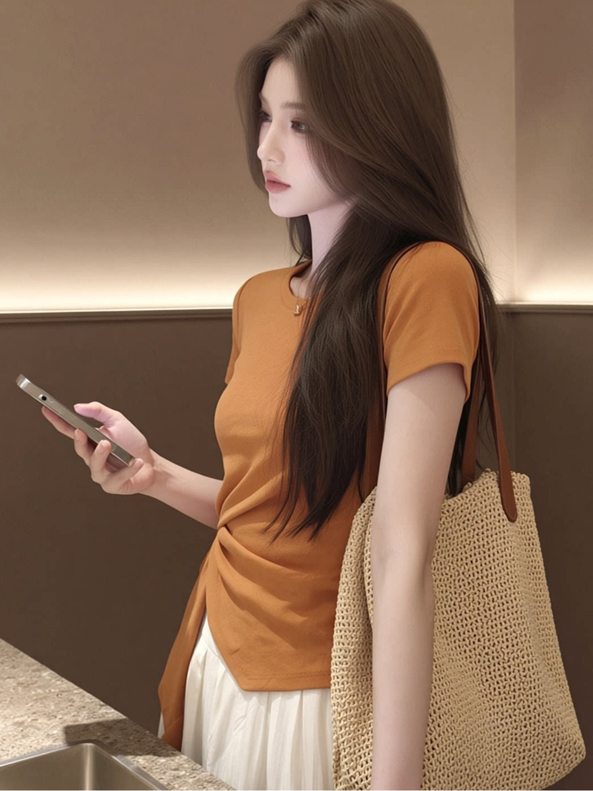 Áo thun nữ cổ tròn tay ngắn phối dây buộc eo không đối xứng — màu sắc