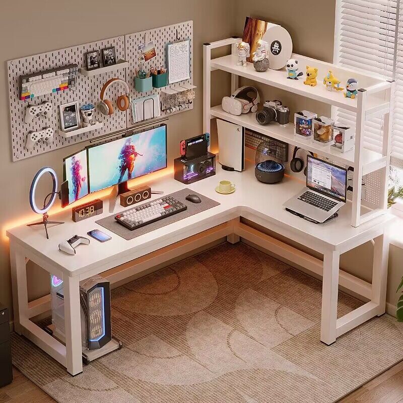 Cream Style Corner Desk Student Home Study Desk Bookshelf Integrated Table Desktop Corner Hole Board Computer Table