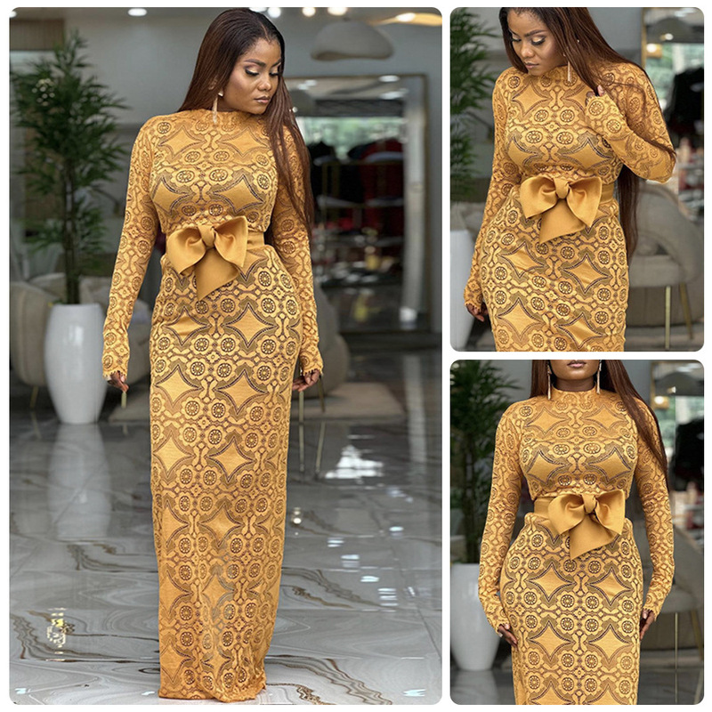 2026 Spring New Style Sexy Golden Half-High Collar Long Dress with Butterfly Tie at the Waist, Palace-Style Golden Robe Cape