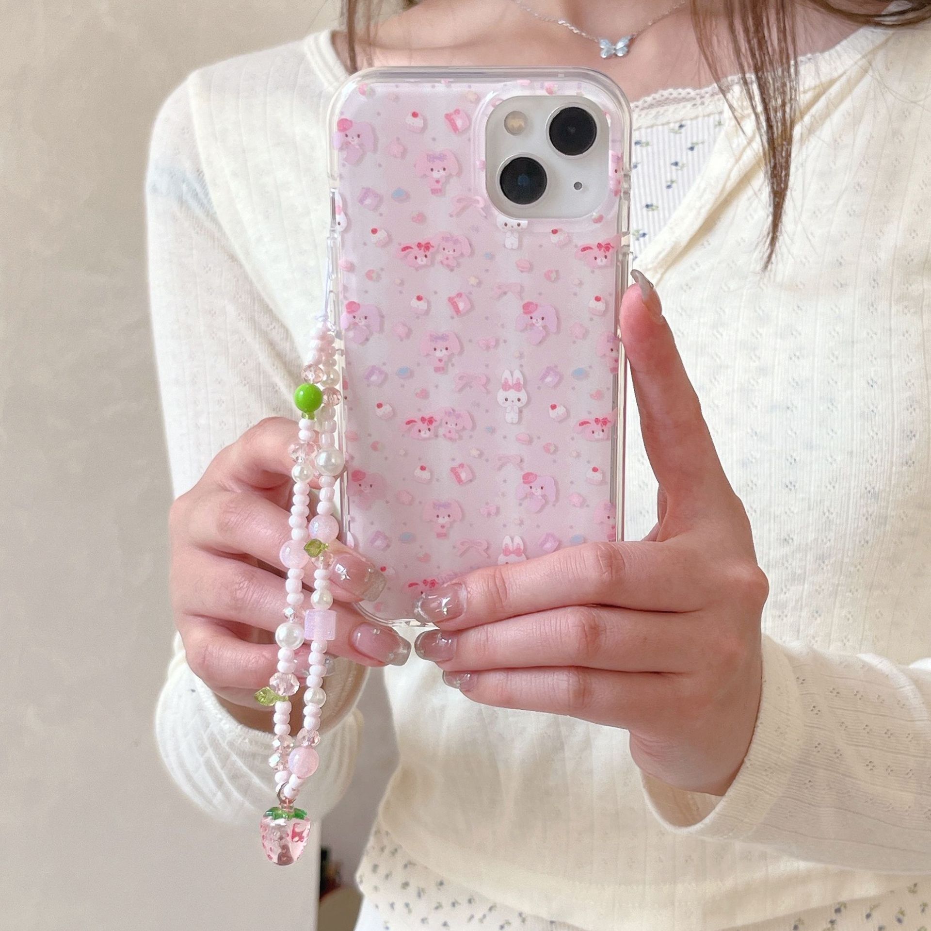 Niña ins rosa pantalla completa conejo para cadena iphone15 16ProMax funda para teléfono móvil 13/14 Apple 16