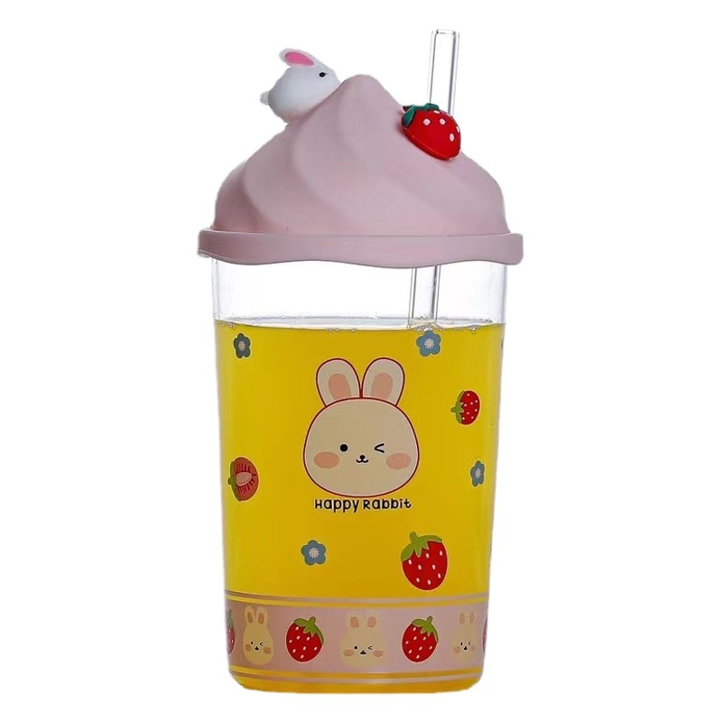 Personalidad creativa taza de conejo de fresa chica de dibujos animados corazón Rosa taza de paja de vidrio taza de jugo de regalo