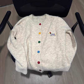 秋冬糖果色扣子毛衣开衫女小狗刺绣软糯外套甜美百搭美式复古上衣