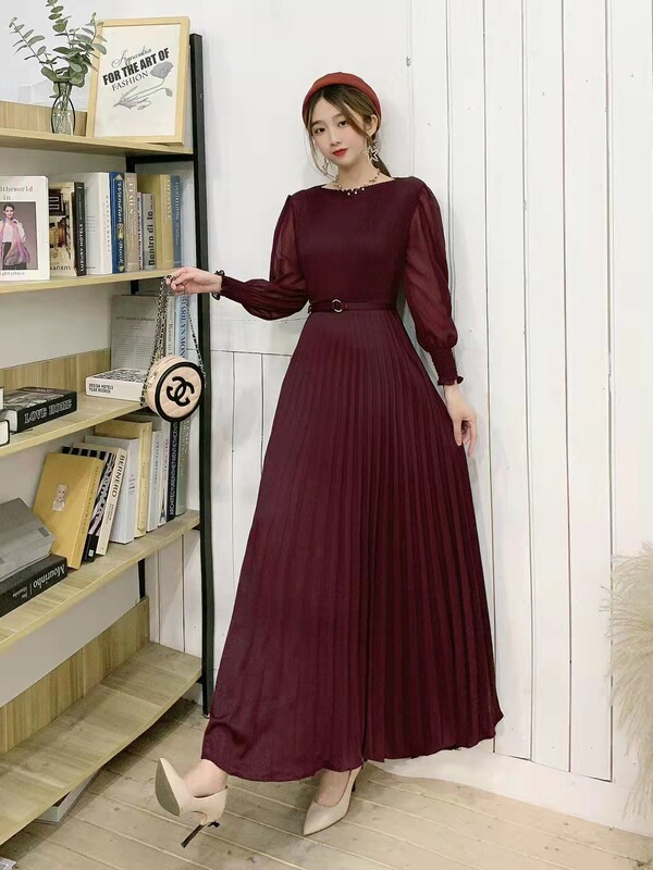 Light Mature Style High-Waisted Round Neck Dress Spring and Autum New Elegant Pure Color Waist Slimming Look Pleated Long Skirt with Large Hem Light Mature Style High-Waisted Round Neck Dress Spring and Autum New Elegant Pure Color Waist Slimming Look Pleated Long Skirt with Large Hem