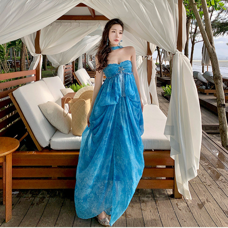 Beautiful Seaside Resort Style Blue Tube Top Halterneck Suspender Dress for Women with Niche Backless Photo Long Dress Beautiful Seaside Resort Style Blue Tube Top Halterneck Suspender Dress for Women with Niche Backless Photo Long Dress