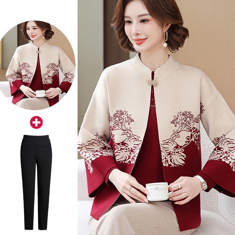 新中式妈妈装新款两件套针织洋气开衫中老年秋冬外套毛衣国风套装