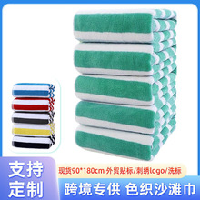 跨境绿白条纹沙滩巾定制纯棉色织提花浴巾90*180游泳外贸礼品浴巾