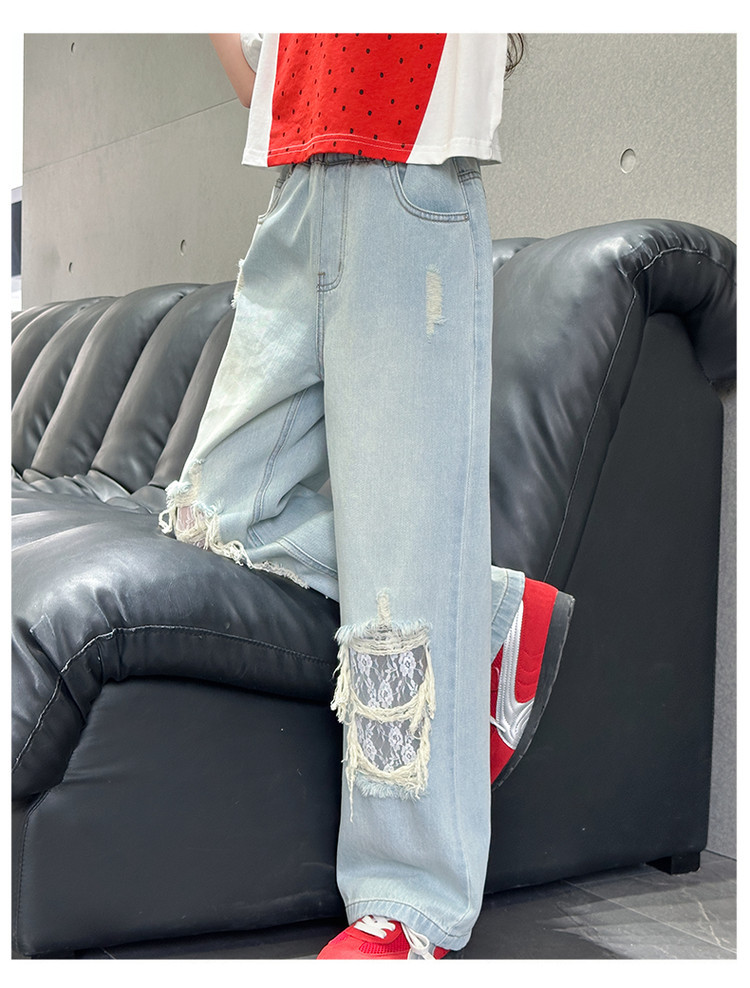 A25036 Style Ripped Lace Jeans Wide Leg New Children's Miscellaneous European And American Jeans_viptrois.com