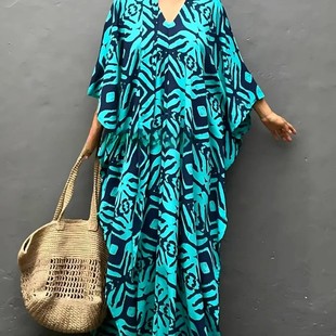 2025 Cross-Border European and American New Style Rayon V Neck Beach Cover-Up Large Size Bat Sleeve Long Skirt Swimsuit Loose Sun Protection Shirt