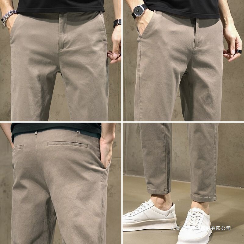 Spring Brown Casual Pants for Men, Business Versatile Nine-Point Straight-Leg Slim-Fit Stylish Long Pants, Slimming Suit Pants