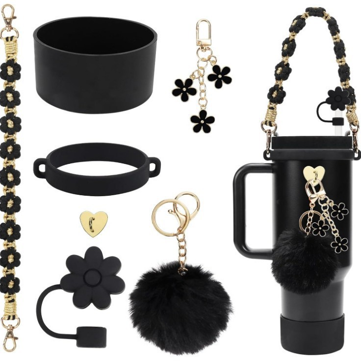 7pcs taza Stanley cuerda de mano colgante de silicona flor tapa de pajita bola de felpa colgante de copa cadena de taza de color