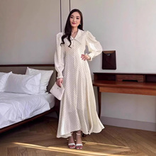 2025秋季女装跨境欧美气质优雅风长袖波点印花连衣裙开叉大摆长裙