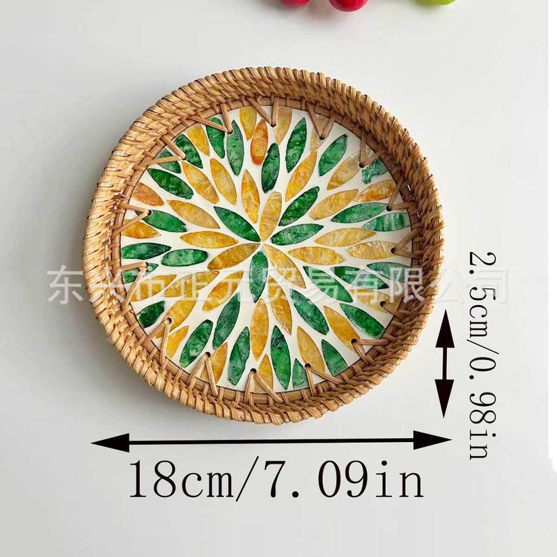 藤编贝壳托盘客厅零食收纳盘糕点茶盘圆形贝壳收纳托盘水果篮|undefined