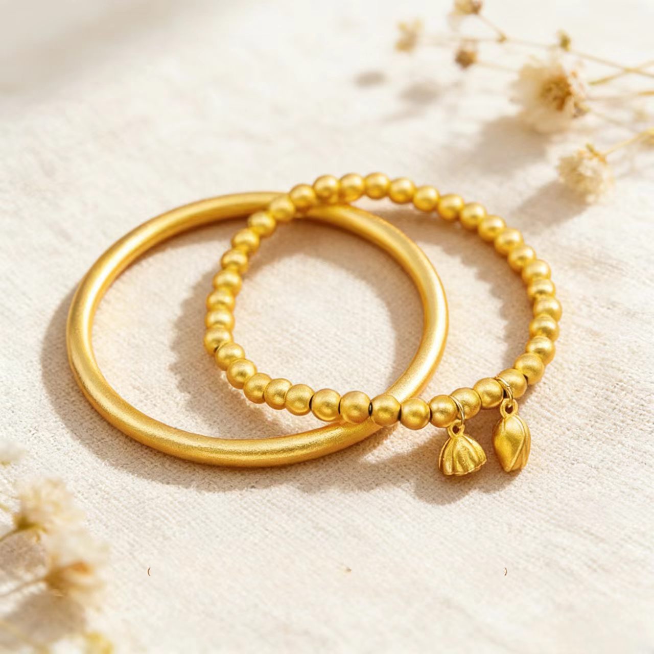 Sand Gold Double Happiness Lotus Bracelet, Traditional Ancient Craftsmanship Plain Ring Bracelet, Gold Bracelet, Sand Gold Jewelry, Source Manufacturer Wholesale