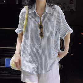 日系复古蓝色条纹棉麻短袖衬衫女夏季薄款慵懒松弛感外搭宽松上衣