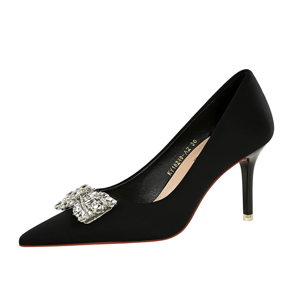 18249-AK51 European And American Fashion Pointed-toe High-heeled For Women With Rhinestone Bow, Shallow Mid-heel Single_vogvips.com