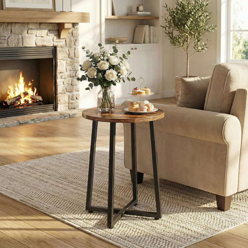 Simple round side table for home use, sofa side table for small spaces, iron art wood grain small side table, living room storage corner table