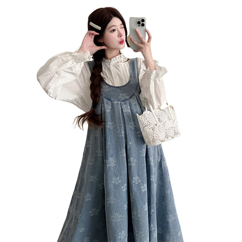 实拍新款现货 2025秋季新款甜美花朵宽松韩版牛仔背带裙两件套装|undefined