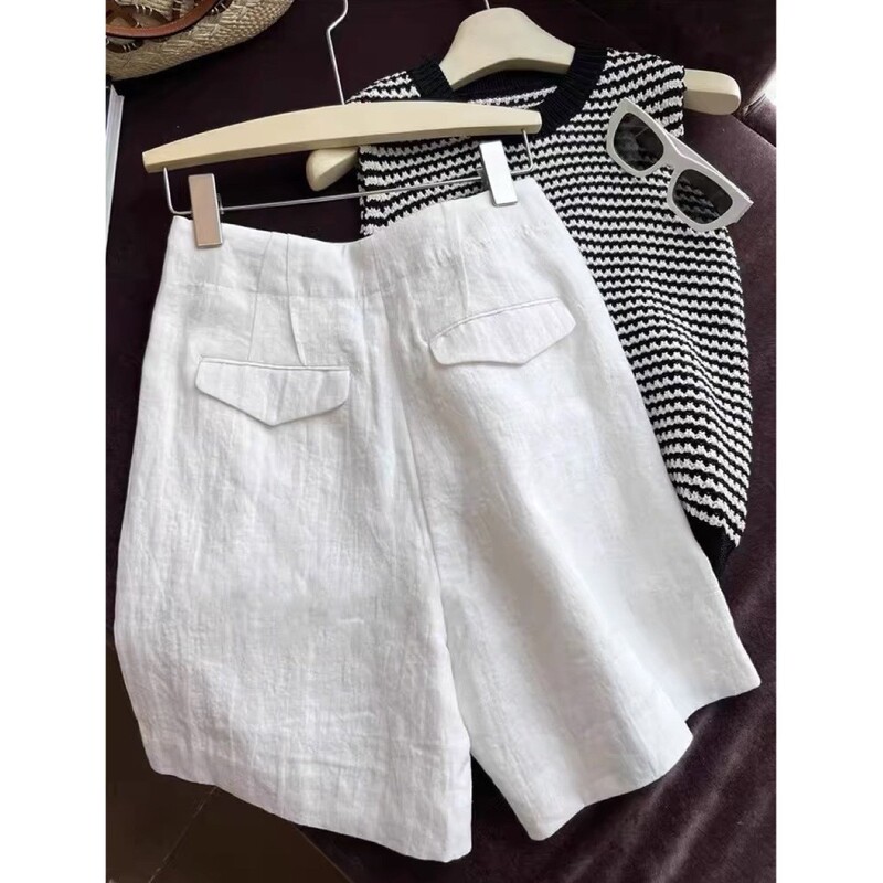 Extremely Stylish, Highly Recommended Outfit! High-Waisted Cotton-Linen Wide-Leg Mid-Length Shorts
