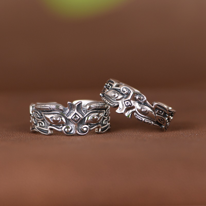 金鹿王 S925银复古吉祥瑞兽饕餮银戒指 支持刻字男款泰银食指戒指